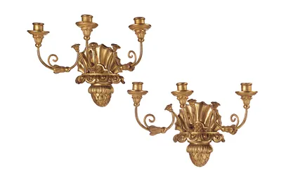 Pair gilt limewood sconces-3 arms — image 4