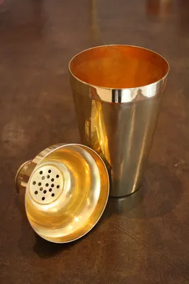 Art Deco Cocktail Set, Brass Serving Tray by GERHARDI, Brass Cocktail Shaker, and Set of 6 Golden Glasses — image 4