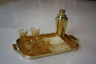 Art Deco Cocktail Set, Brass Serving Tray by GERHARDI, Brass Cocktail Shaker, and Set of 6 Golden Glasses — image 3